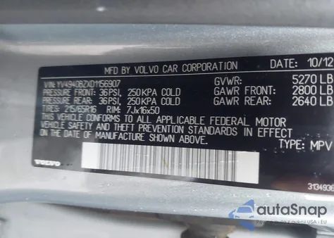 2013 Volvo Xc70 3.2 Platinum/3.2 Premier/3.2 Premier Plus/3.2L z USA, uszkodzony, nr VIN YV4940BZXD1156907